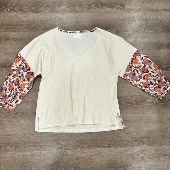 Anthropologie Tops - Anthropologie‎ Sz Small Annette Top Floral Sleeve Thermal Waffle Knit Oversized